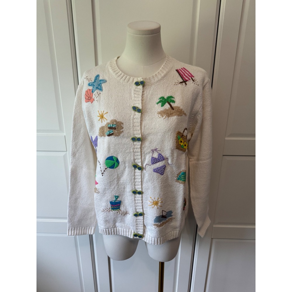 Talbots Vintage 90s Beach Theme Embroider Cardigan Cream Sunglass Buttons NWT M